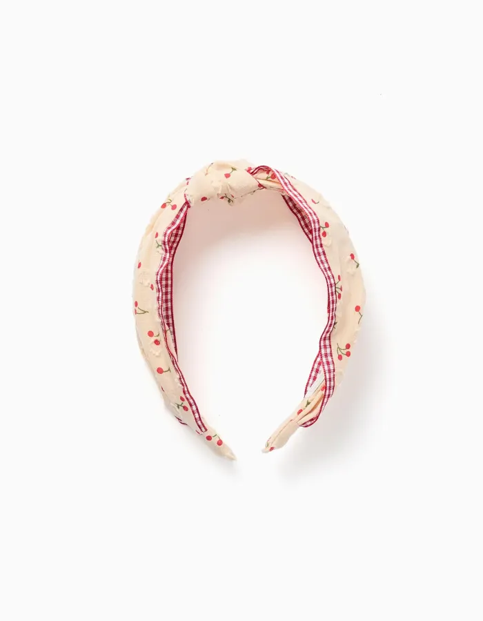 Alice band with cherry/Vichy pattern and knot for girls, beige/red