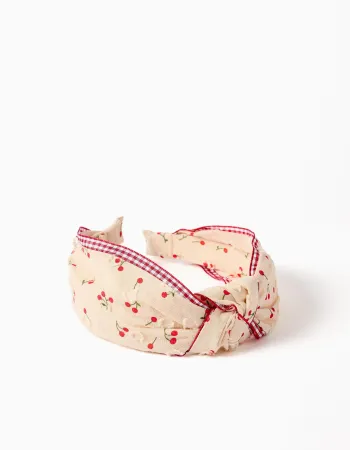 Alice band with cherry/Vichy pattern and knot for girls, beige/red