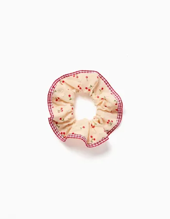 Scrunchie with cherry/Vichy pattern for girls, beige/red