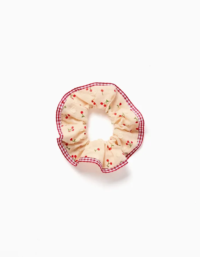 Scrunchie with cherry/Vichy pattern for girls, beige/red