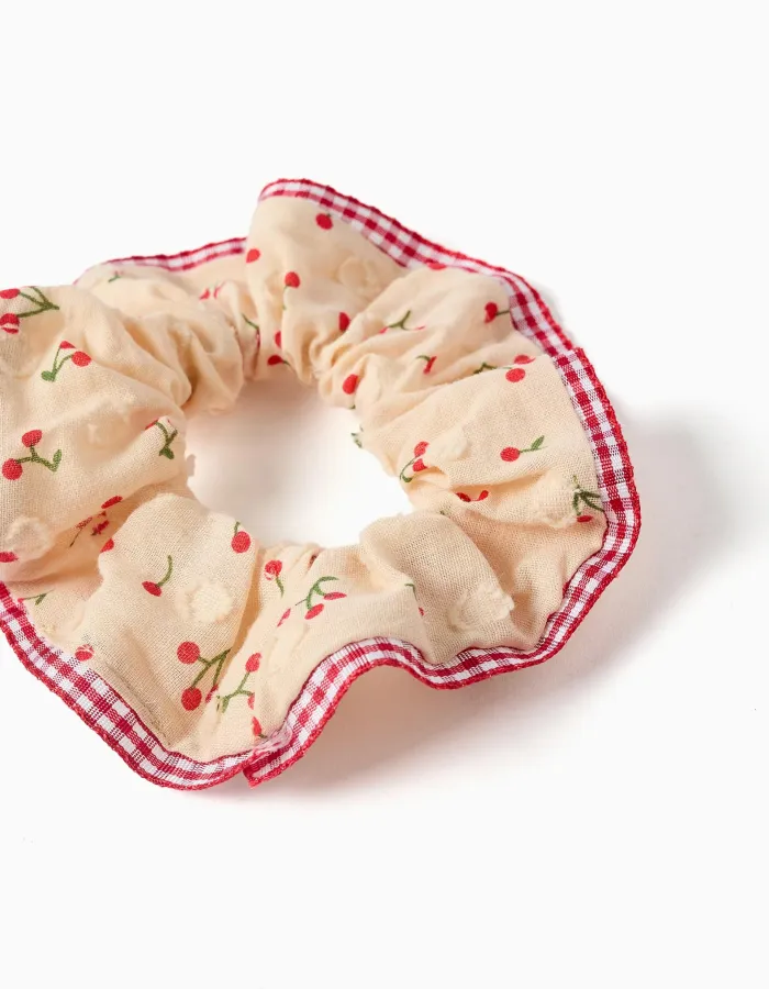 Scrunchie with cherry/Vichy pattern for girls, beige/red