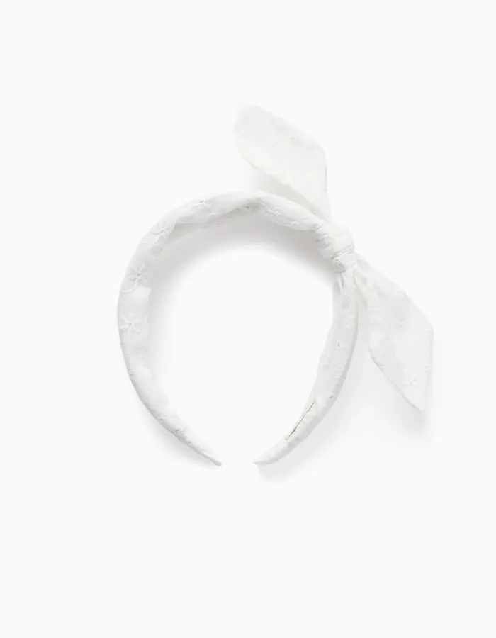 Alice band in broderie anglaise with bow for girls, white