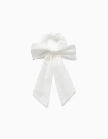 Scrunchie with bow in broderie anglaise for babies and girls, white
