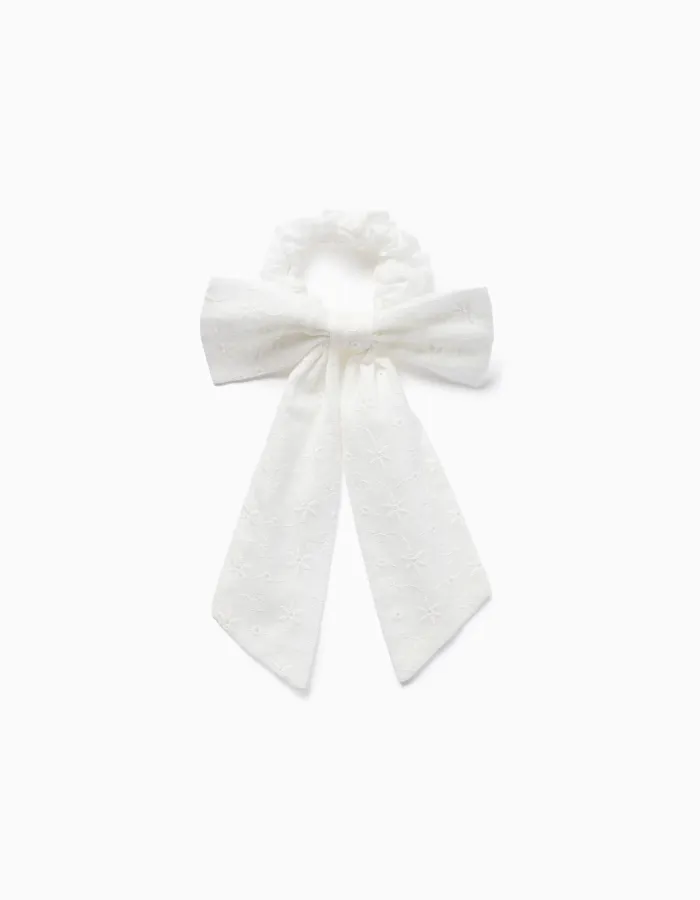Scrunchie with bow in broderie anglaise for babies and girls, white