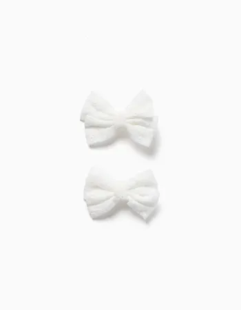 2 hair clips with bows in broderie anglaise for babies and girls, white