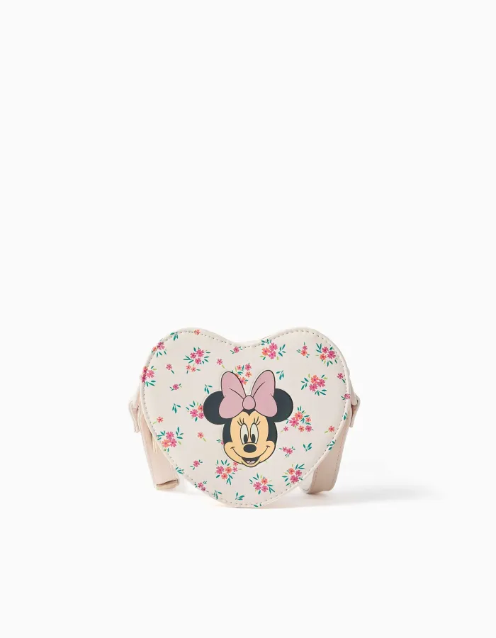 Heart-shaped crossbody bag with Minnie print for girls, light beige