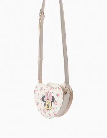 Heart-shaped crossbody bag with Minnie print for girls, light beige