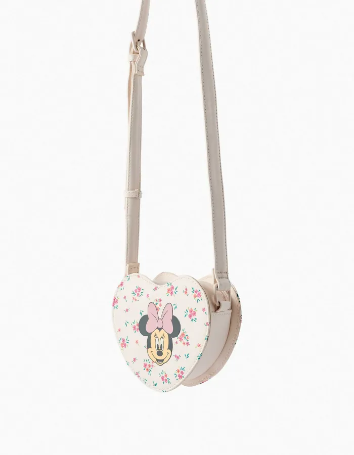 Heart-shaped crossbody bag with Minnie print for girls, light beige