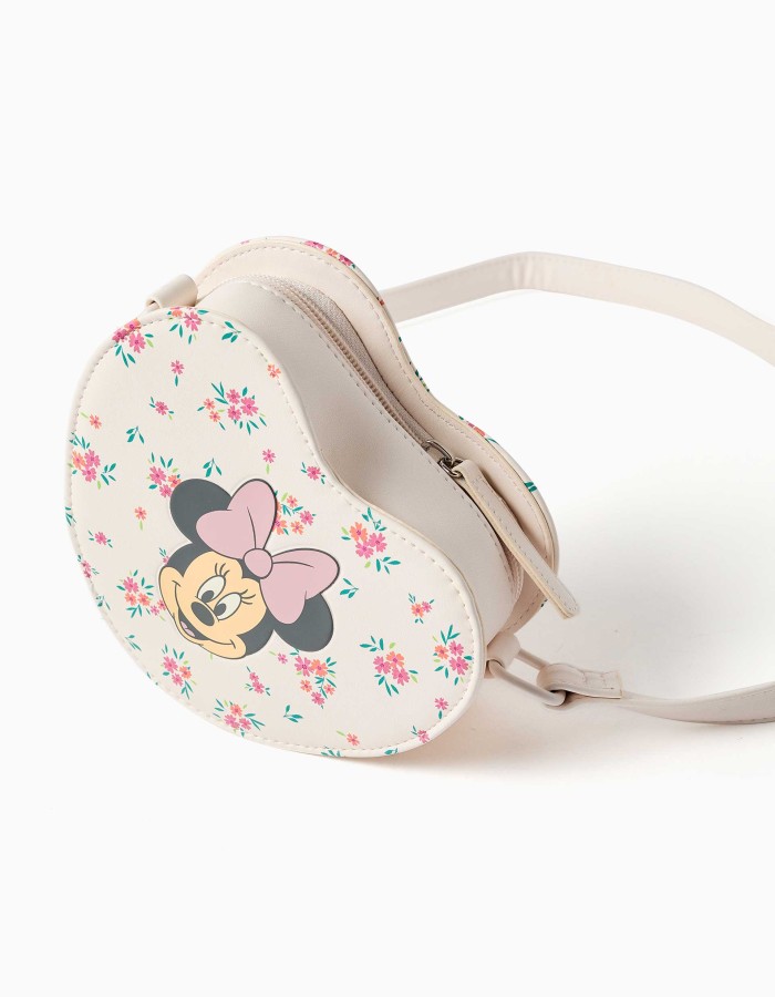 Heart-shaped crossbody bag with Minnie print for girls, light beige