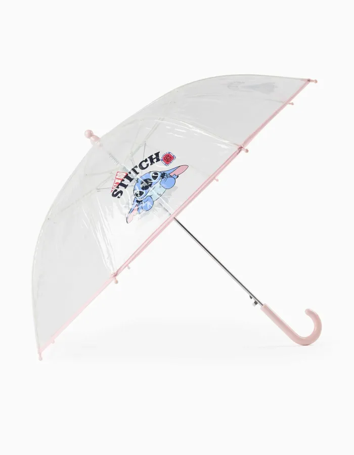 Automatic umbrella with Stitch print for girls, transparent/pink