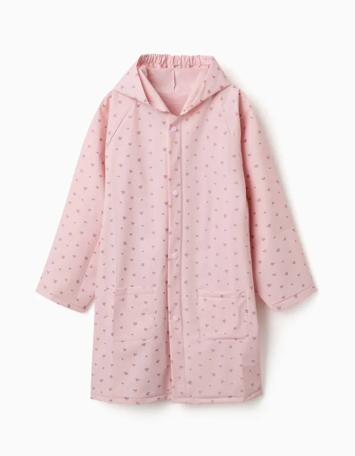 Hooded rain cape with floral print for babies and girls, light pink