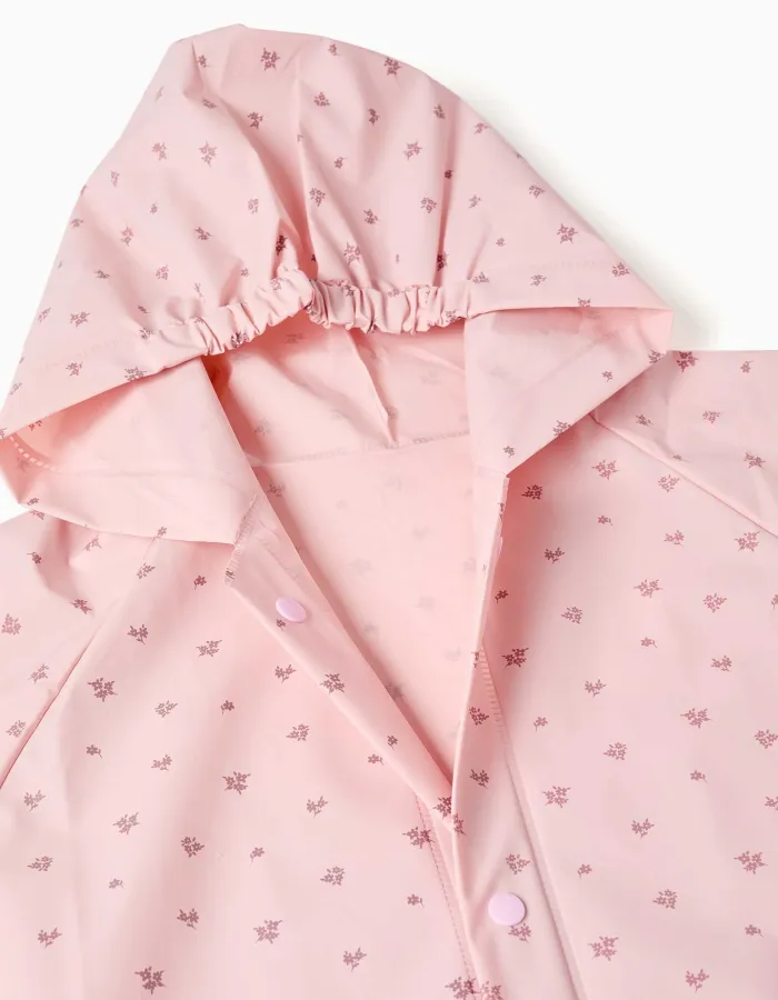 Hooded rain cape with floral print for babies and girls, light pink