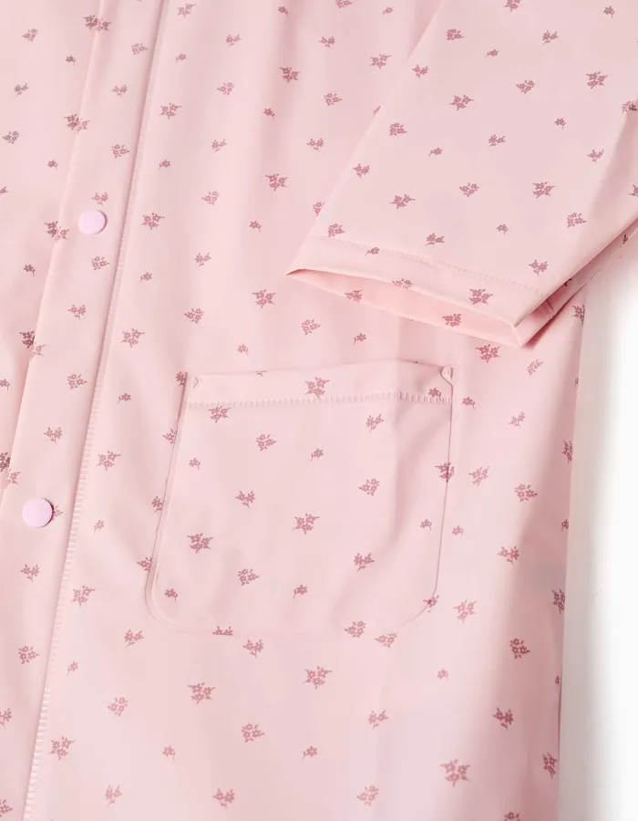 Hooded rain cape with floral print for babies and girls, light pink