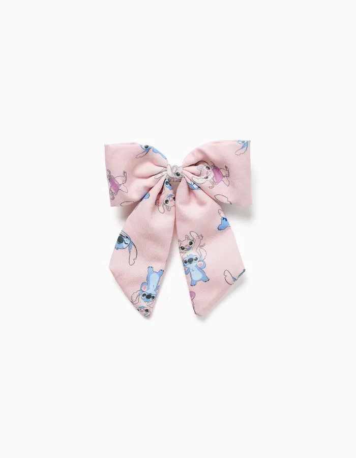 Hair slide with bow and Stitch print for babies and girls, light pink