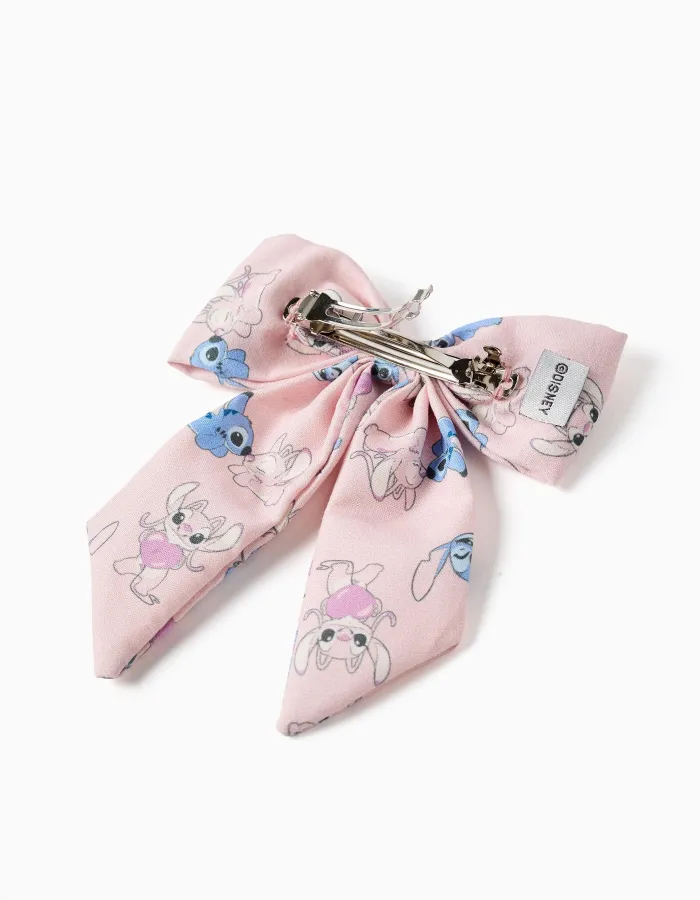 Hair slide with bow and Stitch print for babies and girls, light pink