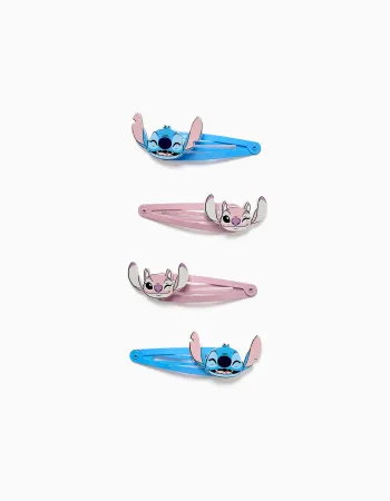Pack of 4 hair clips Stitch and Angel for babies and girls, blue/pink