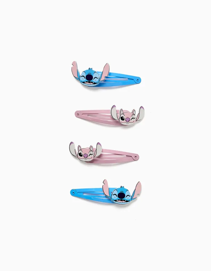 Pack of 4 hair clips Stitch and Angel for babies and girls, blue/pink
