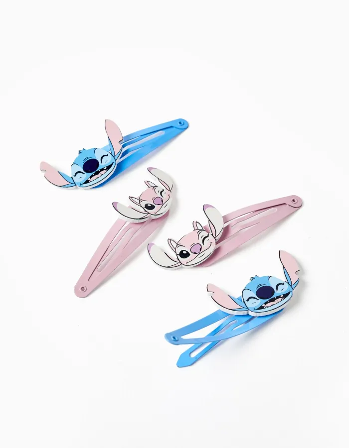 Pack of 4 hair clips Stitch and Angel for babies and girls, blue/pink
