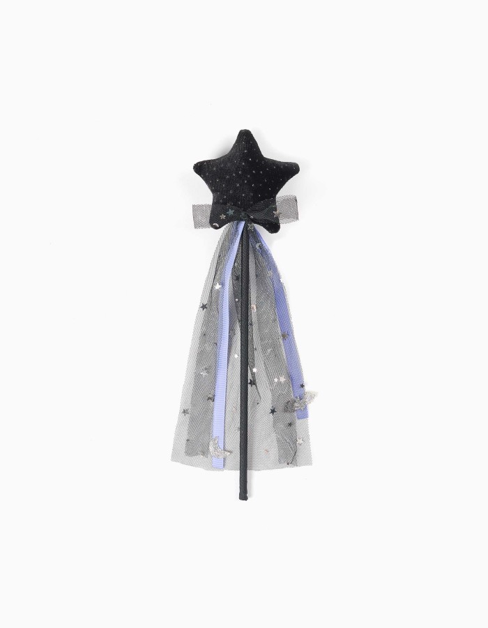 Halloween magic wand with velvet star and tulle bow for girls, black