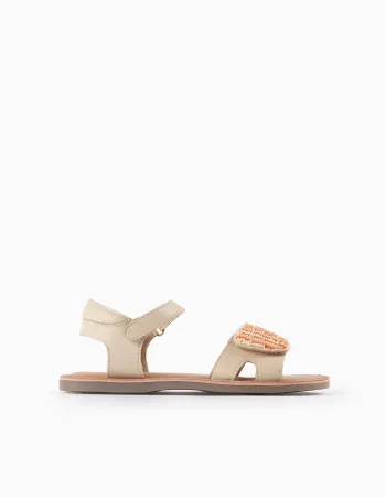 Leather Sandals with Beads for Girls, Beige