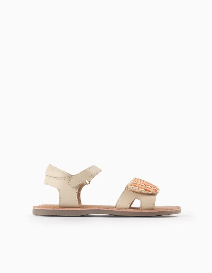 Leather Sandals with Beads for Girls, Beige