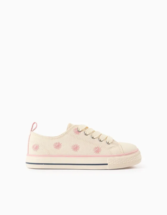 Canvas trainers with embroidered floral motif for girls, light beige