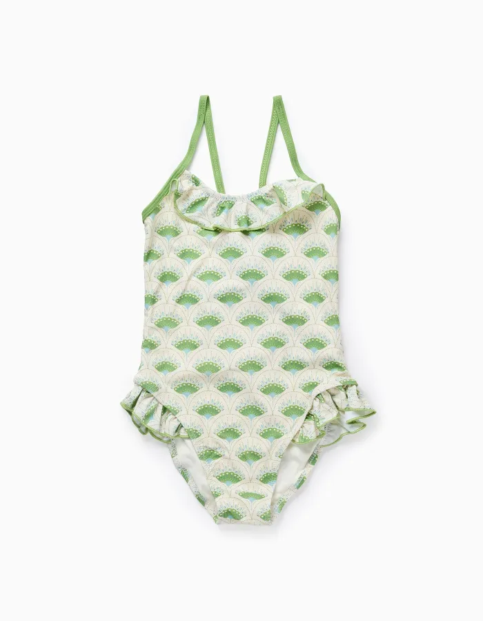 Swimsuit with Motif and Ruffles for Girls, Beige/Green
