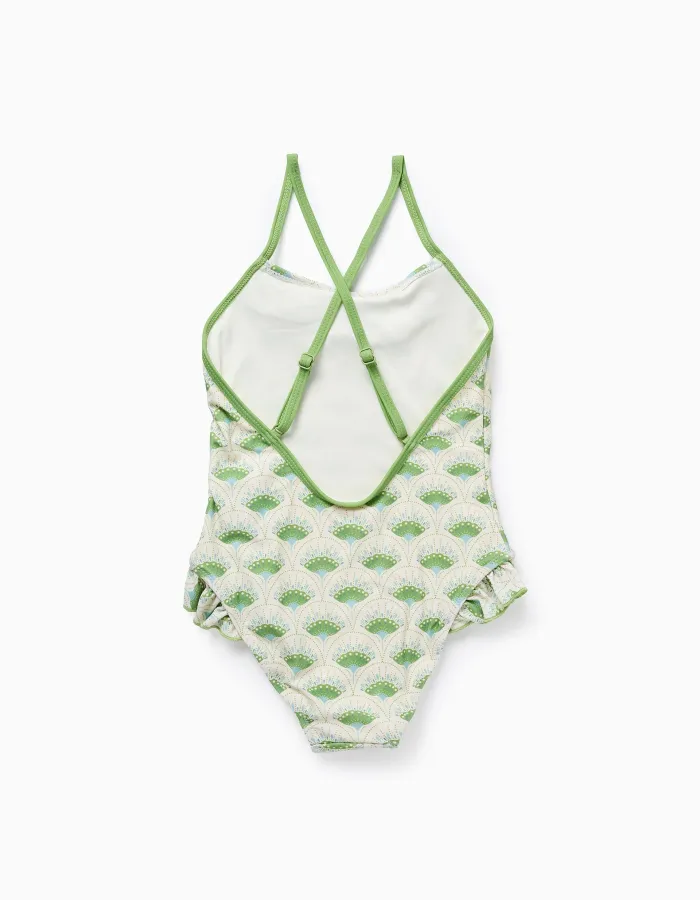 Swimsuit with Motif and Ruffles for Girls, Beige/Green