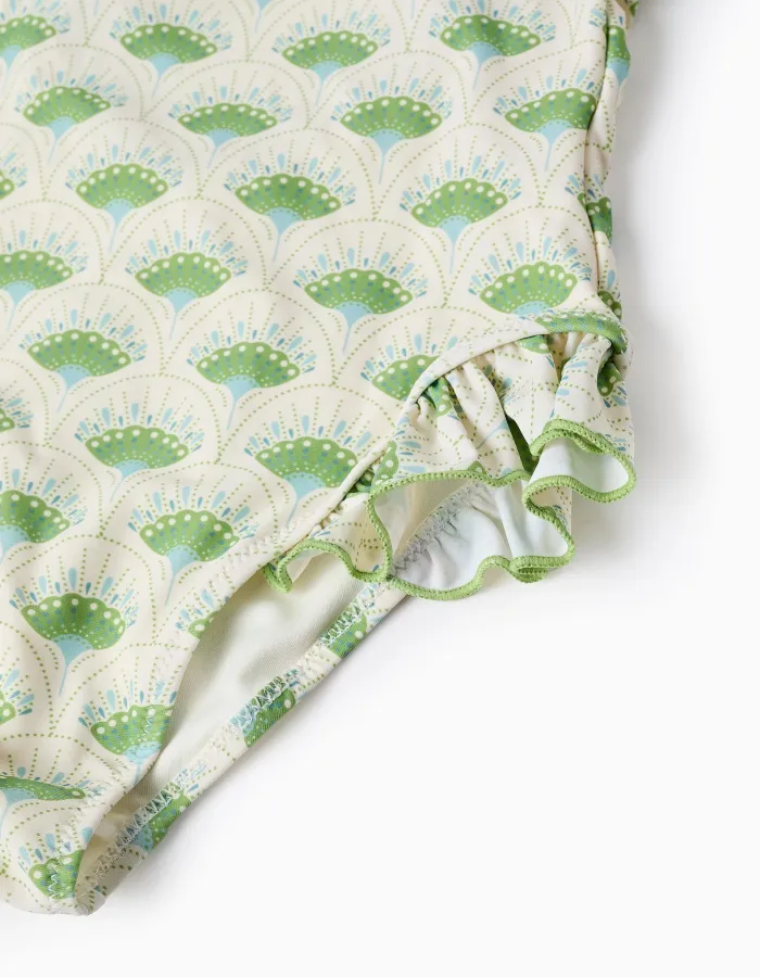 Swimsuit with Motif and Ruffles for Girls, Beige/Green