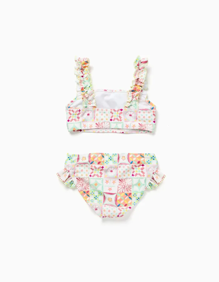 Bikini with tile pattern and ruffles for girls, multicolour