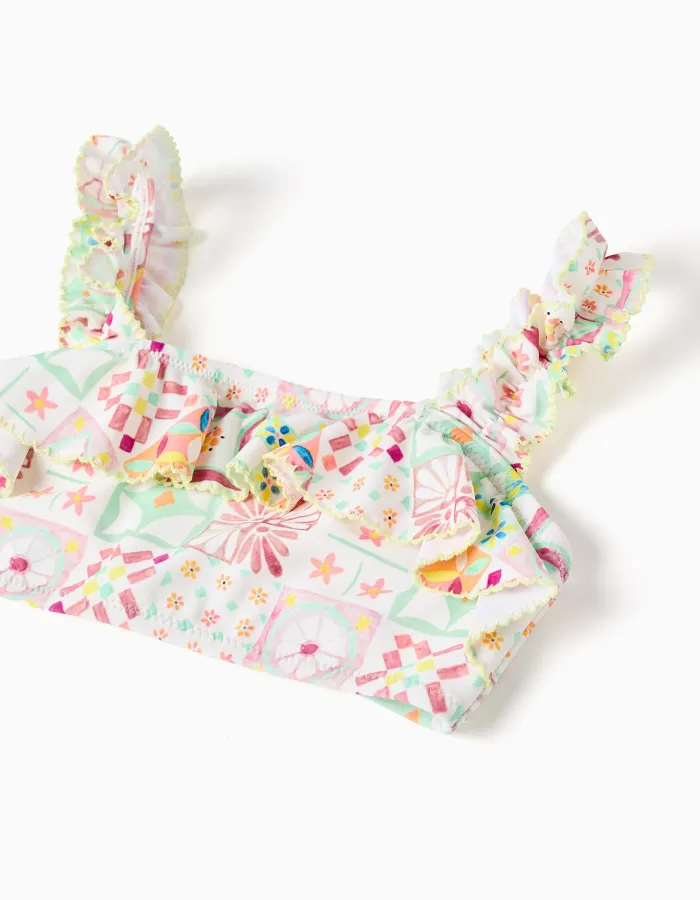 Bikini with tile pattern and ruffles for girls, multicolour