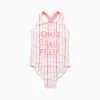 Striped swimsuit with front print for girls, multicolour