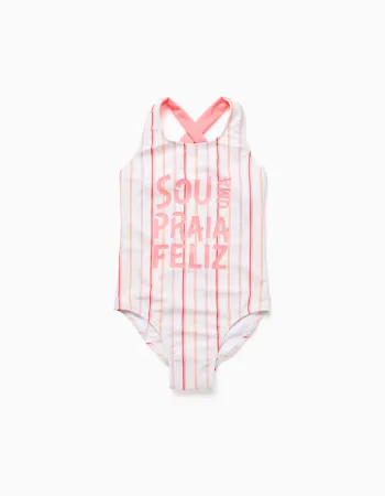 Striped swimsuit with front print for girls, multicolour
