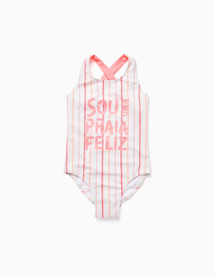 Striped swimsuit with front print for girls, multicolour