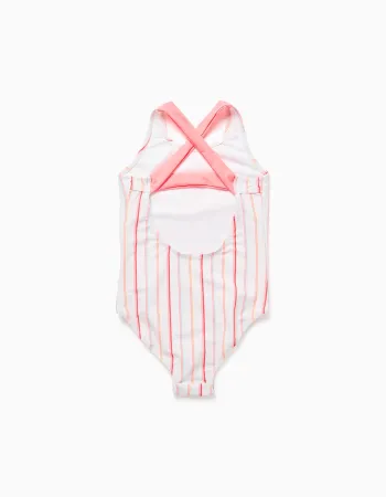 Striped swimsuit with front print for girls, multicolour