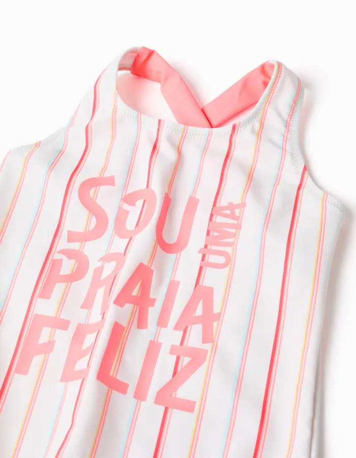 Striped swimsuit with front print for girls, multicolour