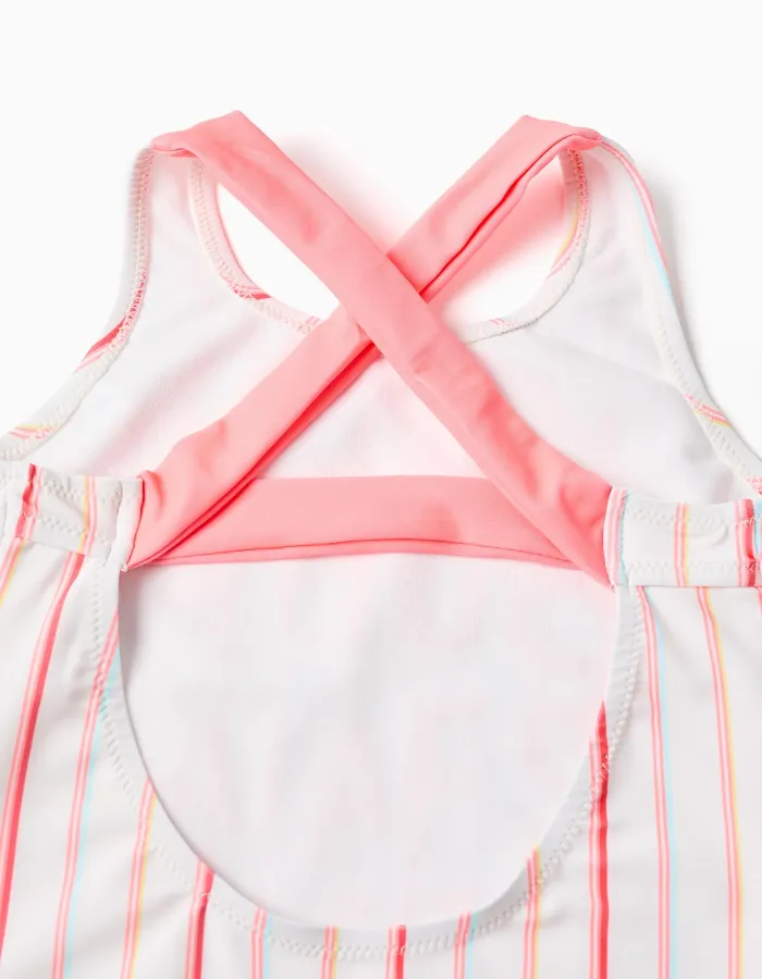 Striped swimsuit with front print for girls, multicolour