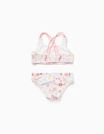 Bikini with beach motif and lining for girls, white