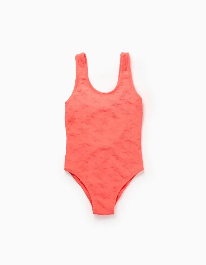 Swimsuit with star motif in bouclé for girls, neon coral