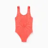 Swimsuit with star motif in bouclé for girls, neon coral