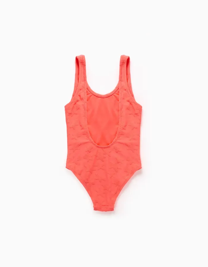 Swimsuit with star motif in bouclé for girls, neon coral