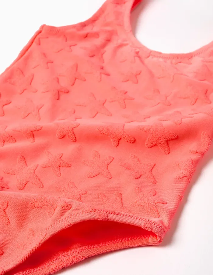 Swimsuit with star motif in bouclé for girls, neon coral