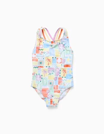 Swimsuit with colourful print and crossed straps for girls, multicolour