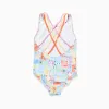 Swimsuit with colourful print and crossed straps for girls, multicolour