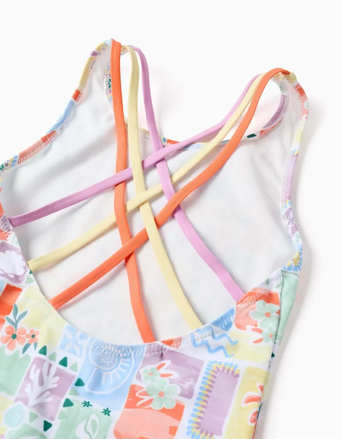 Swimsuit with colourful print and crossed straps for girls, multicolour
