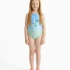 Swimsuit with marine print and sequins for girls, blue/green/yellow