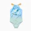 Swimsuit with marine print and sequins for girls, blue/green/yellow