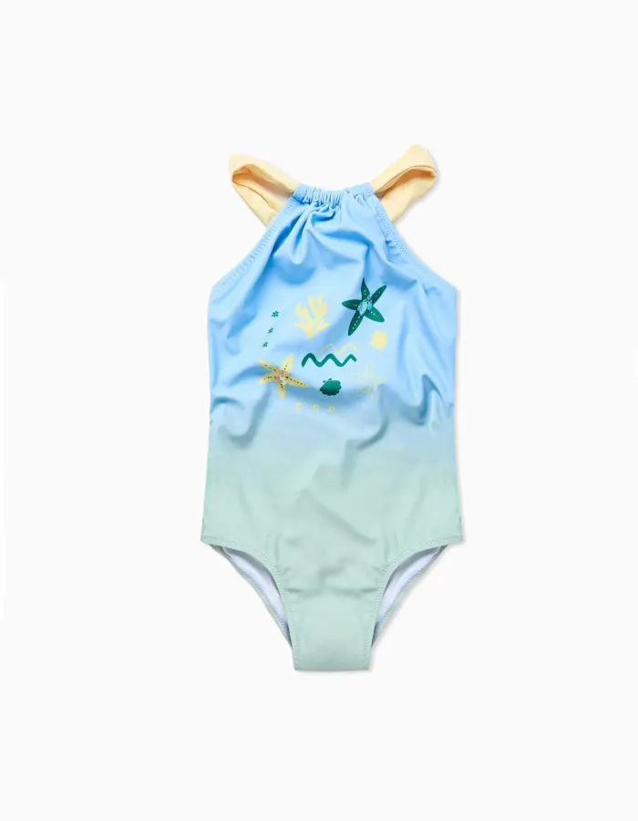 Swimsuit with marine print and sequins for girls, blue/green/yellow