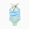 Swimsuit with marine print and sequins for girls, blue/green/yellow
