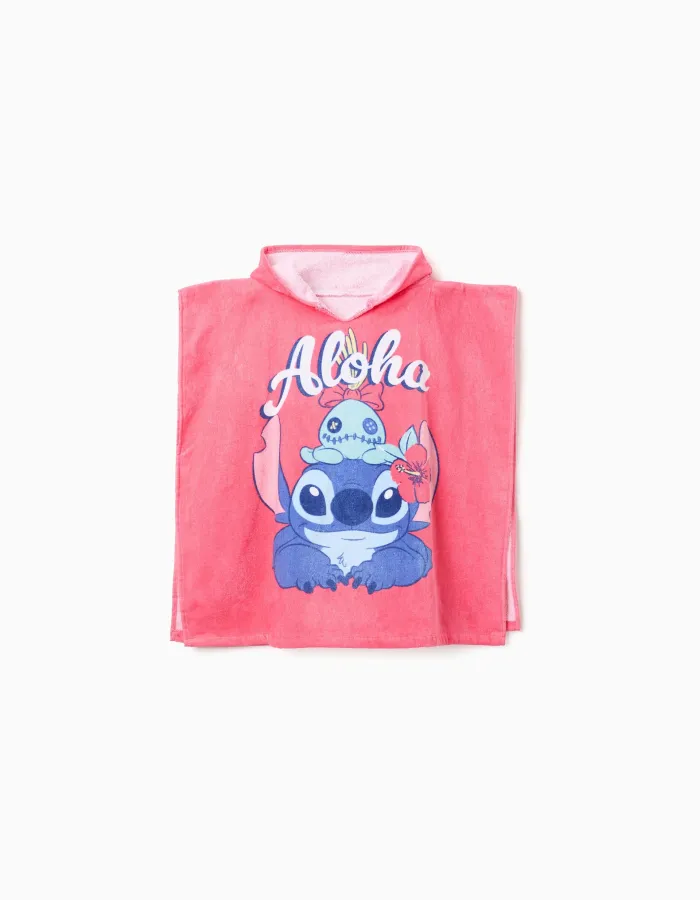 Hooded beach poncho in cotton with Stitch print for girls, pink